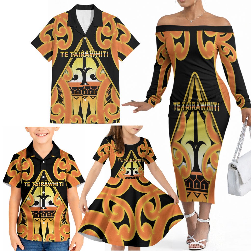 Personalised New Zealand Te Tairawhiti Family Matching Off The Shoulder Long Sleeve Dress and Hawaiian Shirt Maori Koru Pattern LT05 - Polynesian Pride