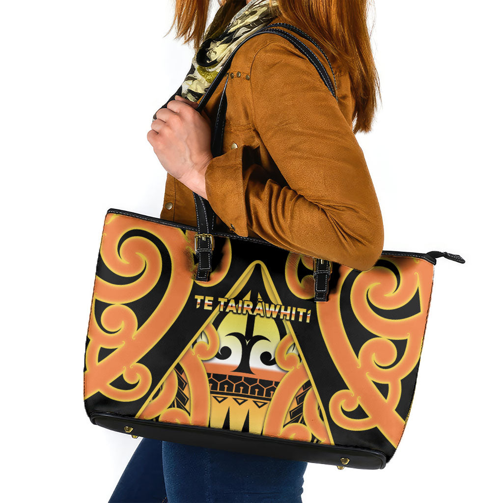 New Zealand Te Tairawhiti Leather Tote Bag Maori Koru Pattern LT05 Orange - Polynesian Pride