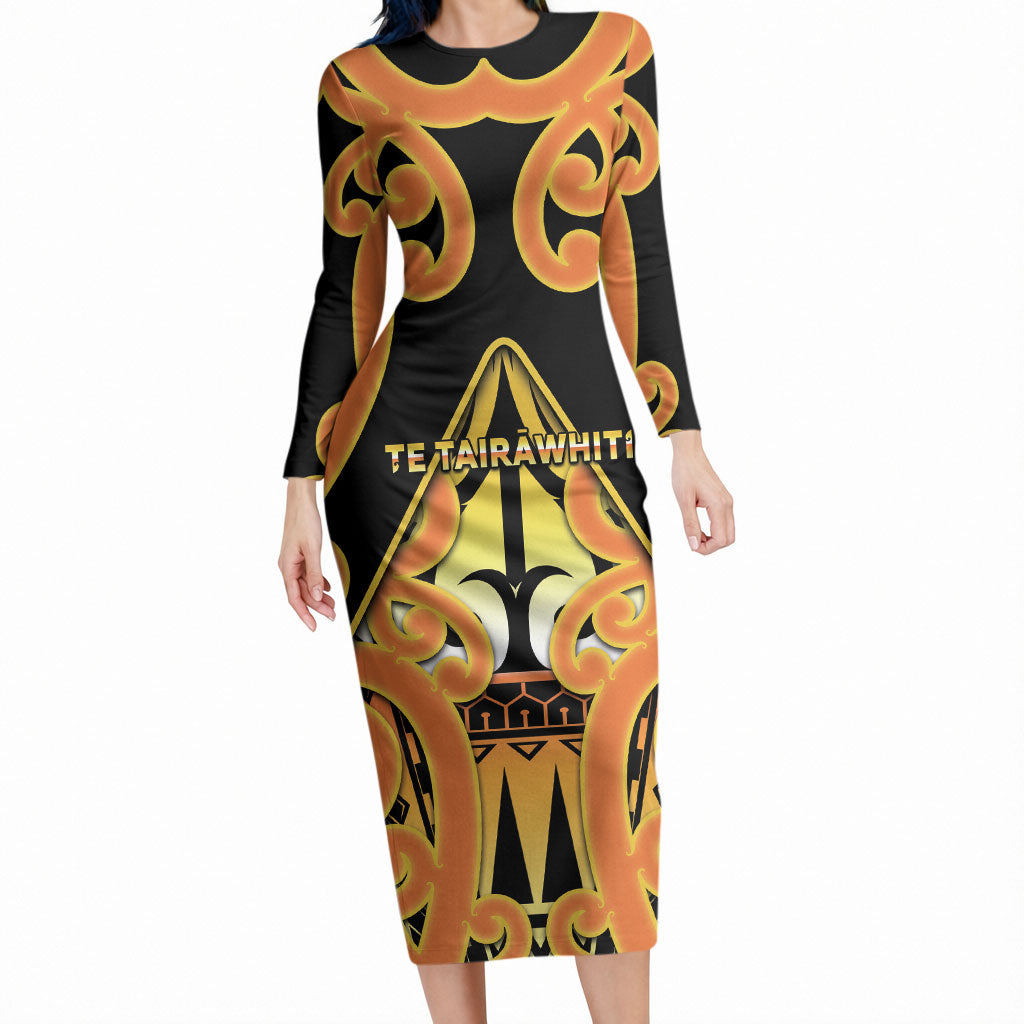 Personalised New Zealand Te Tairawhiti Long Sleeve Bodycon Dress Maori Koru Pattern LT05 Long Dress Orange - Polynesian Pride