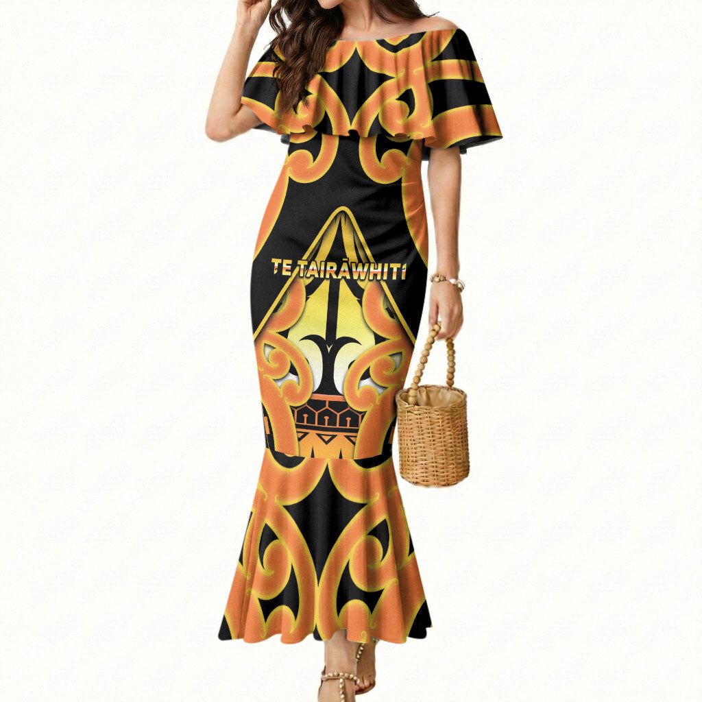 Personalised New Zealand Te Tairawhiti Mermaid Dress Maori Koru Pattern LT05 Women Orange - Polynesian Pride