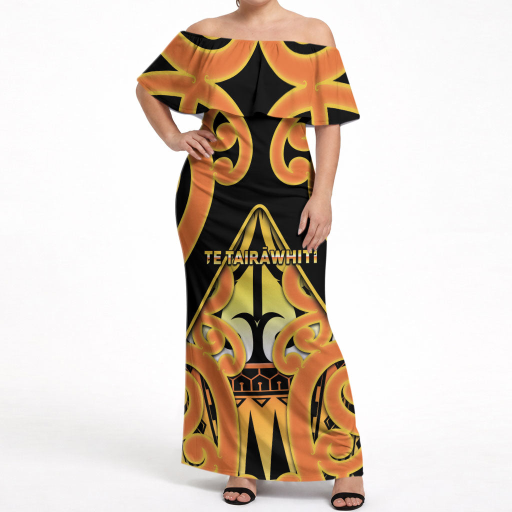 Personalised New Zealand Te Tairawhiti Off Shoulder Maxi Dress Maori Koru Pattern LT05 Women Orange - Polynesian Pride