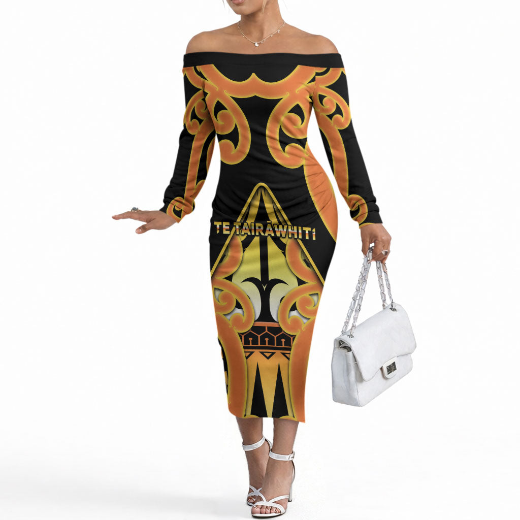 Personalised New Zealand Te Tairawhiti Off The Shoulder Long Sleeve Dress Maori Koru Pattern LT05 Women Orange - Polynesian Pride