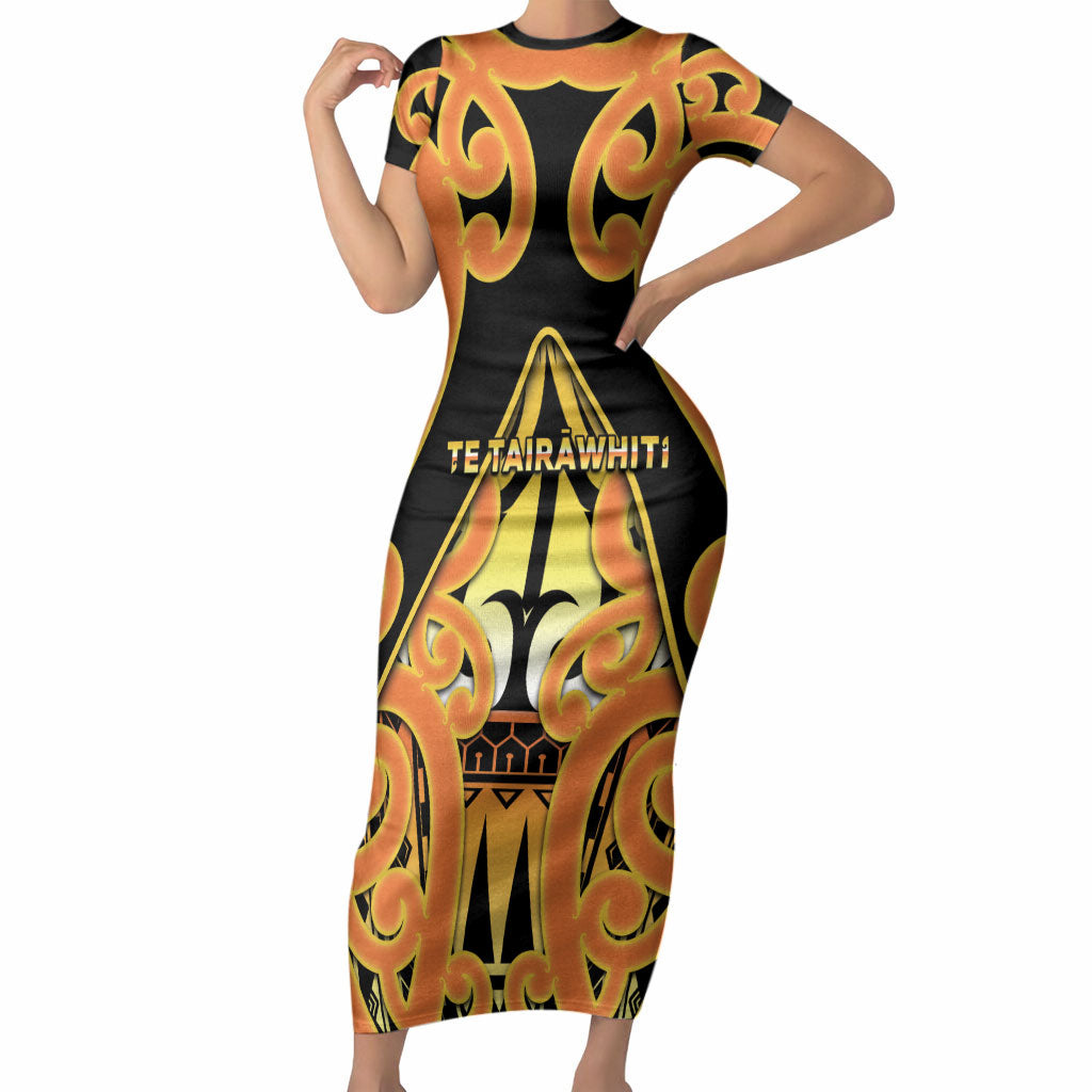 Personalised New Zealand Te Tairawhiti Short Sleeve Bodycon Dress Maori Koru Pattern LT05 Long Dress Orange - Polynesian Pride