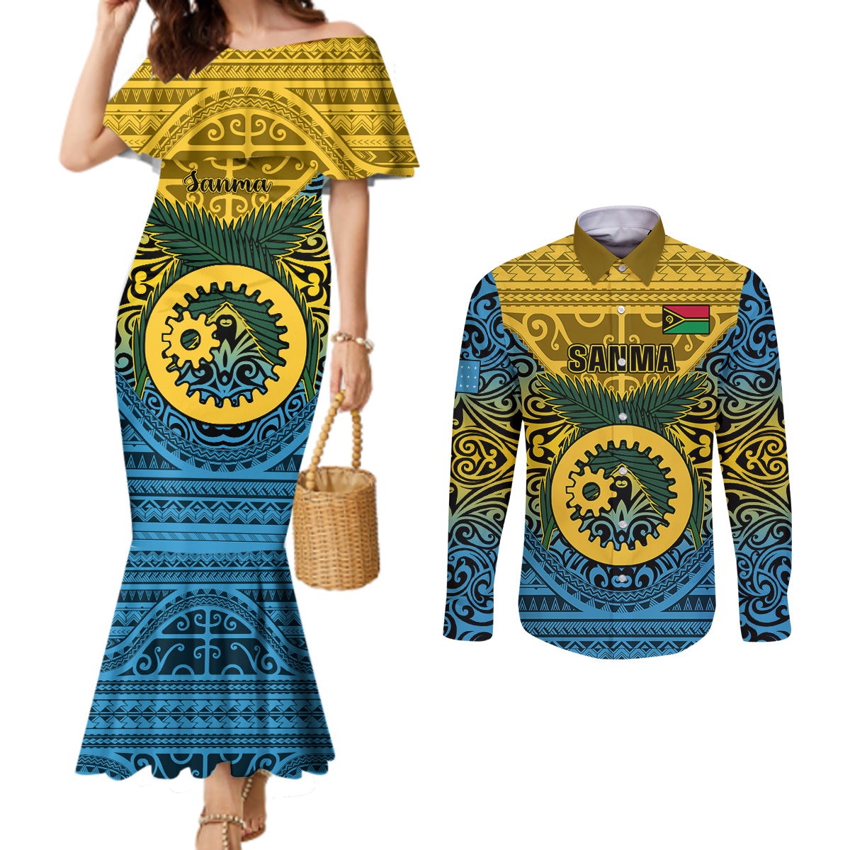 Vanuatu Sanma Province Couples Matching Mermaid Dress and Long Sleeve Button Shirts Coat Of Arms And Namele Fern Polynesian Pattern LT05 Yellow - Polynesian Pride