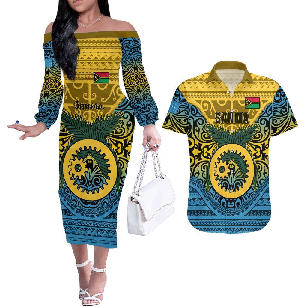 Vanuatu Sanma Province Couples Matching Off The Shoulder Long Sleeve Dress and Hawaiian Shirt Coat Of Arms And Namele Fern Polynesian Pattern LT05 Yellow - Polynesian Pride