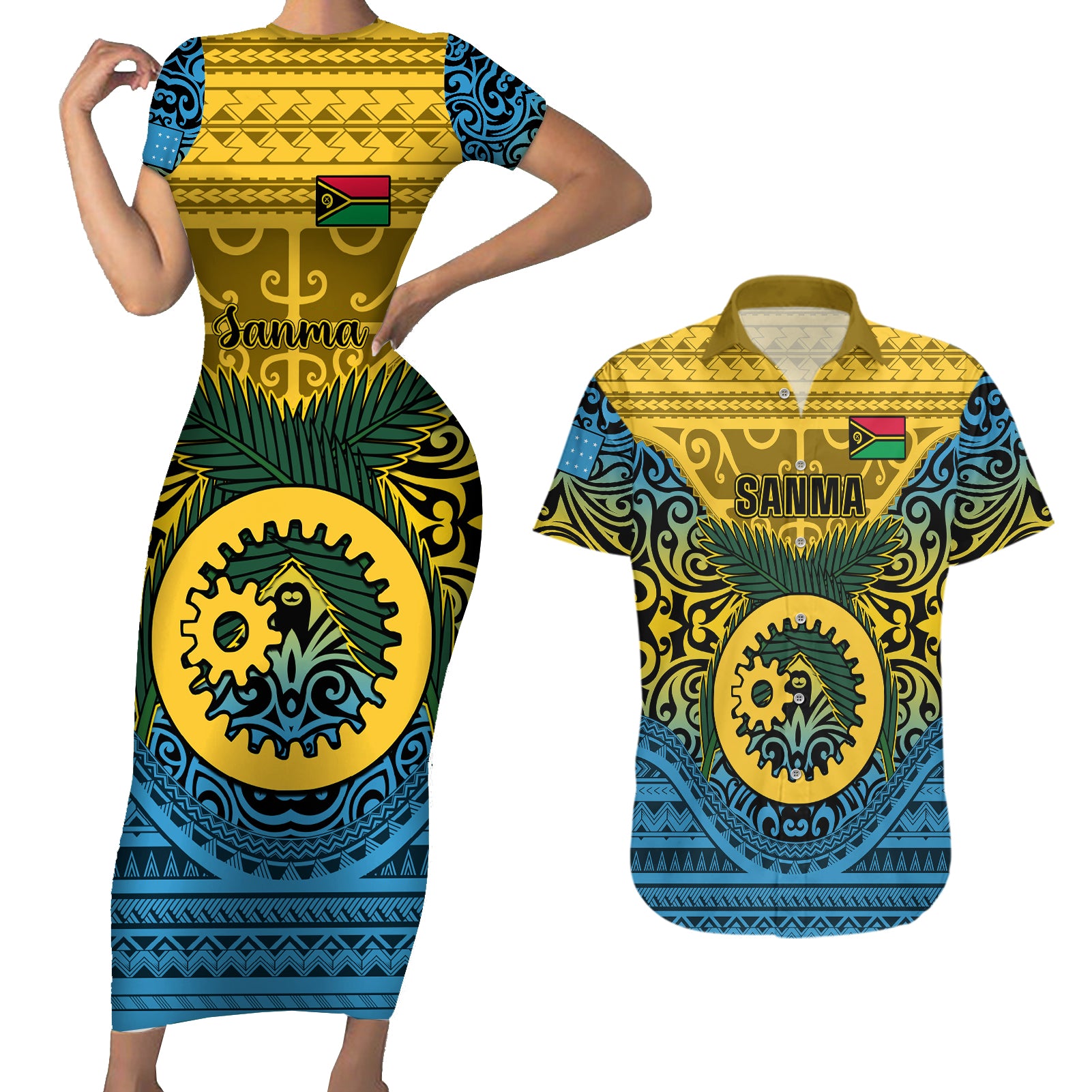 Vanuatu Sanma Province Couples Matching Short Sleeve Bodycon Dress and Hawaiian Shirt Coat Of Arms And Namele Fern Polynesian Pattern LT05 Yellow - Polynesian Pride