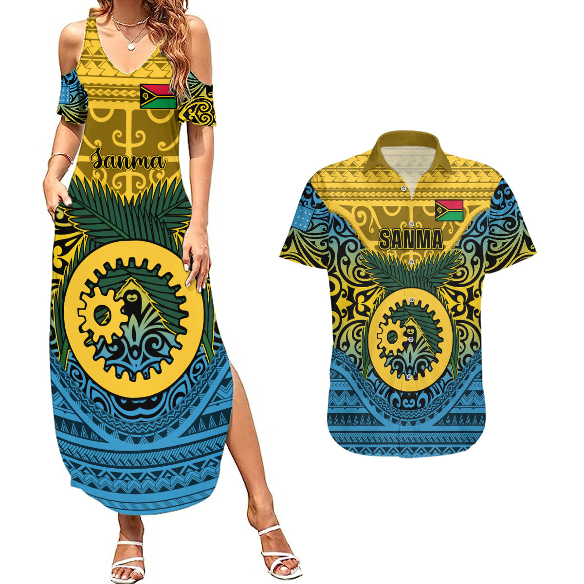 Vanuatu Sanma Province Couples Matching Summer Maxi Dress and Hawaiian Shirt Coat Of Arms And Namele Fern Polynesian Pattern LT05 Yellow - Polynesian Pride