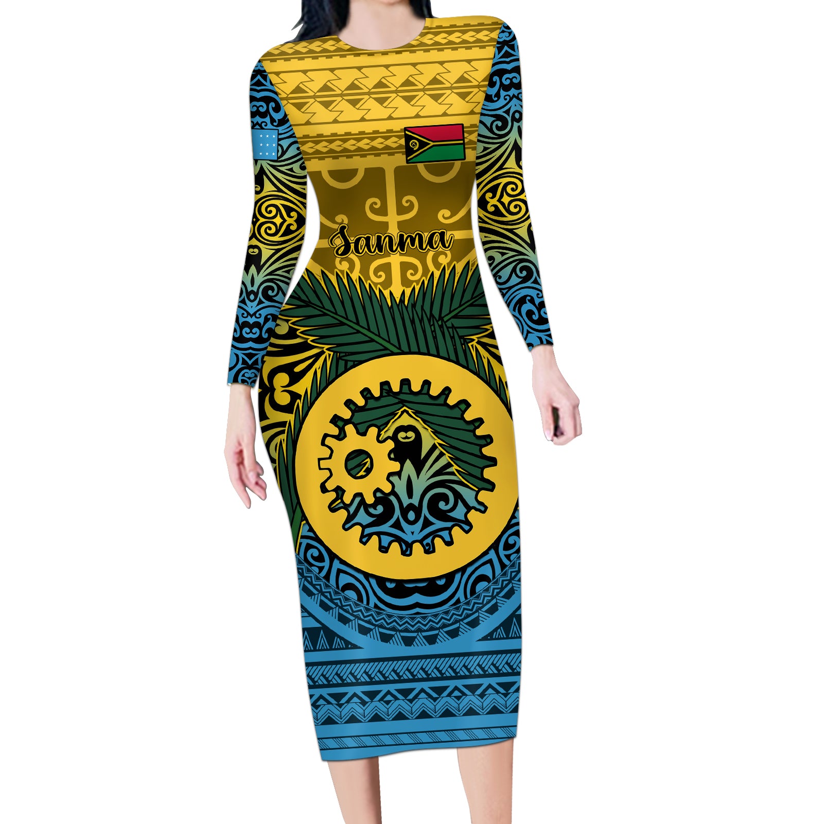 Vanuatu Sanma Province Long Sleeve Bodycon Dress Coat Of Arms And Namele Fern Polynesian Pattern LT05 Long Dress Yellow - Polynesian Pride