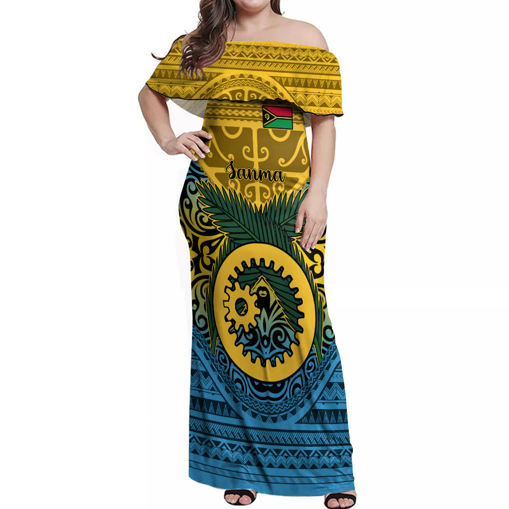 Vanuatu Sanma Province Off Shoulder Maxi Dress Coat Of Arms And Namele Fern Polynesian Pattern LT05 Women Yellow - Polynesian Pride