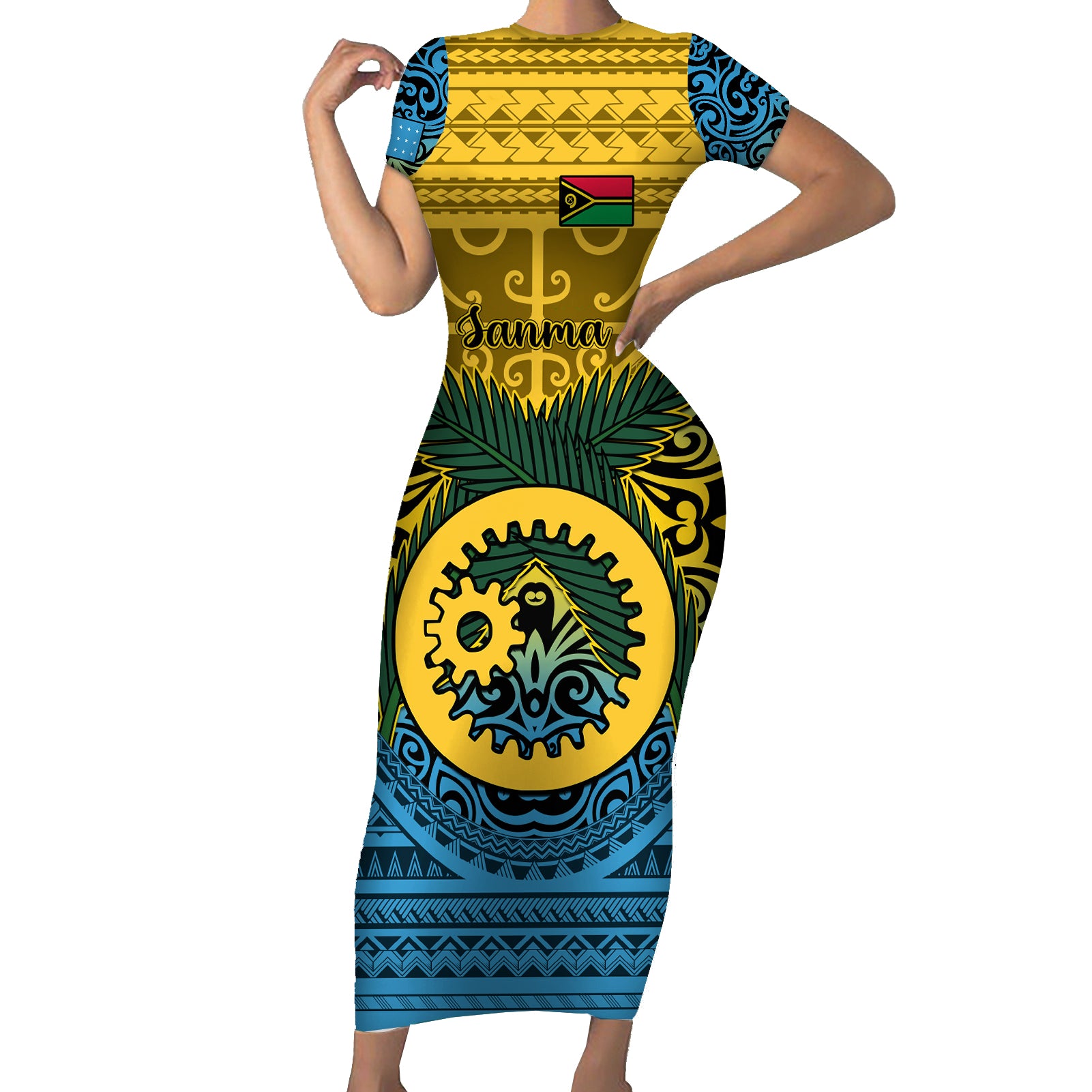 Vanuatu Sanma Province Short Sleeve Bodycon Dress Coat Of Arms And Namele Fern Polynesian Pattern LT05 Long Dress Yellow - Polynesian Pride