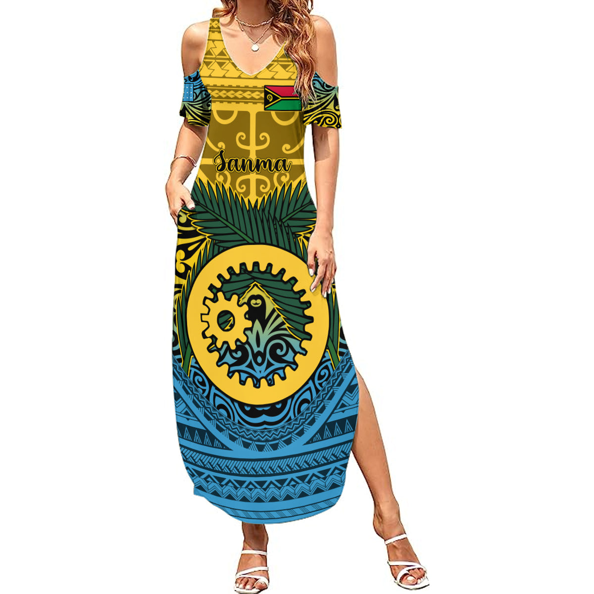 Vanuatu Sanma Province Summer Maxi Dress Coat Of Arms And Namele Fern Polynesian Pattern LT05 Women Yellow - Polynesian Pride