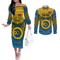 Personalized Vanuatu Sanma Province Couples Matching Off The Shoulder Long Sleeve Dress and Long Sleeve Button Shirts Coat Of Arms And Namele Fern Polynesian Pattern LT05 Yellow - Polynesian Pride