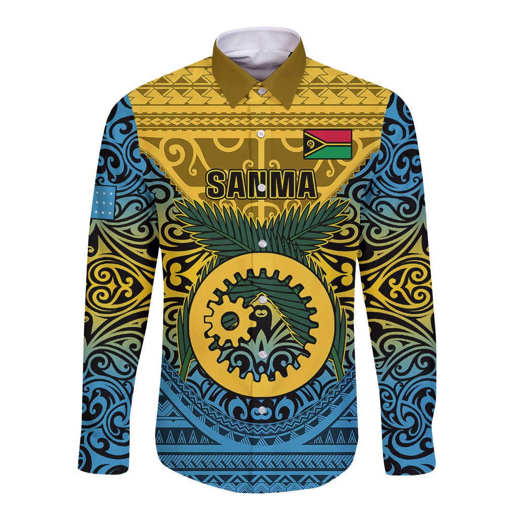 Personalized Vanuatu Sanma Province Long Sleeve Button Shirt Coat Of Arms And Namele Fern Polynesian Pattern LT05 Unisex Yellow - Polynesian Pride