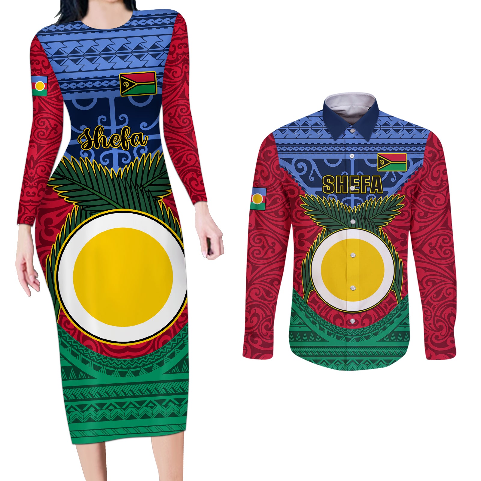 Vanuatu Shefa Province Couples Matching Long Sleeve Bodycon Dress and Long Sleeve Button Shirts Coat Of Arms And Namele Fern Polynesian Pattern LT05 Red - Polynesian Pride