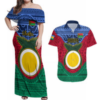 Vanuatu Shefa Province Couples Matching Off Shoulder Maxi Dress and Hawaiian Shirt Coat Of Arms And Namele Fern Polynesian Pattern LT05 Red - Polynesian Pride