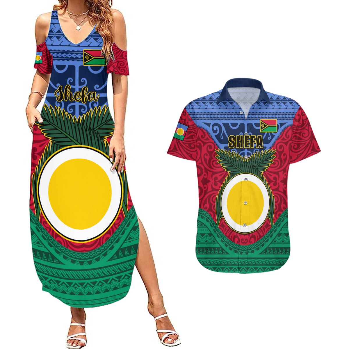 Vanuatu Shefa Province Couples Matching Summer Maxi Dress and Hawaiian Shirt Coat Of Arms And Namele Fern Polynesian Pattern LT05 Red - Polynesian Pride