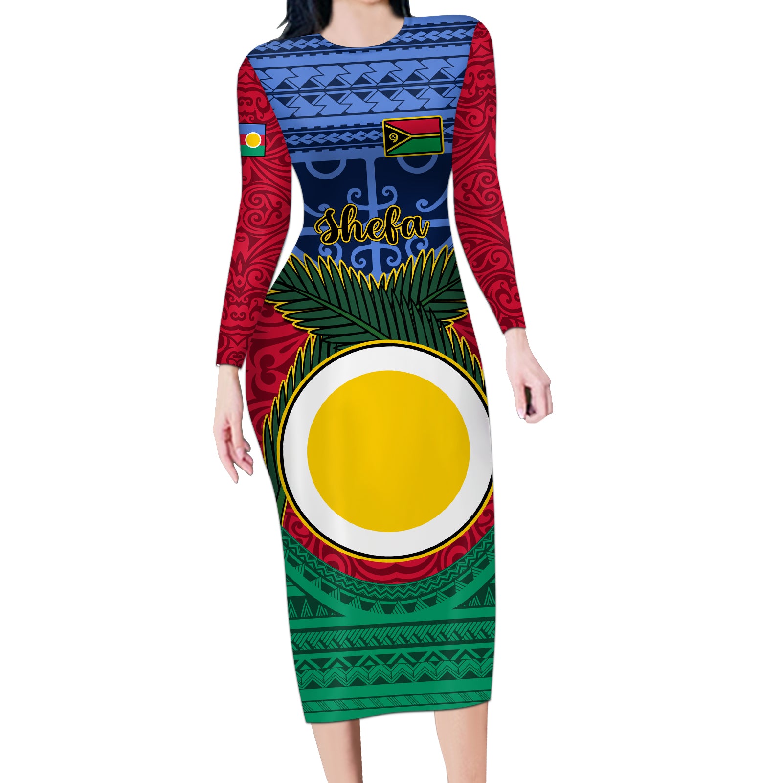 Vanuatu Shefa Province Long Sleeve Bodycon Dress Coat Of Arms And Namele Fern Polynesian Pattern LT05 Long Dress Red - Polynesian Pride