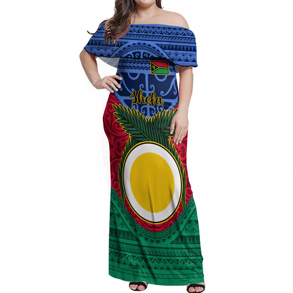 Vanuatu Shefa Province Off Shoulder Maxi Dress Coat Of Arms And Namele Fern Polynesian Pattern LT05 Women Red - Polynesian Pride