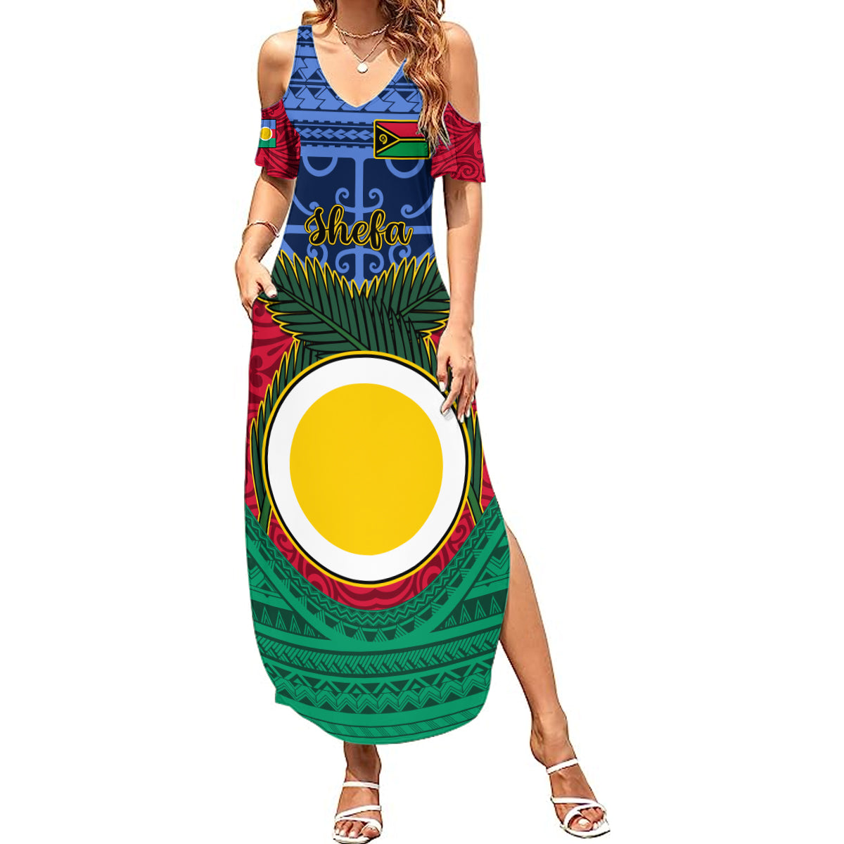 Vanuatu Shefa Province Summer Maxi Dress Coat Of Arms And Namele Fern Polynesian Pattern LT05 Women Red - Polynesian Pride