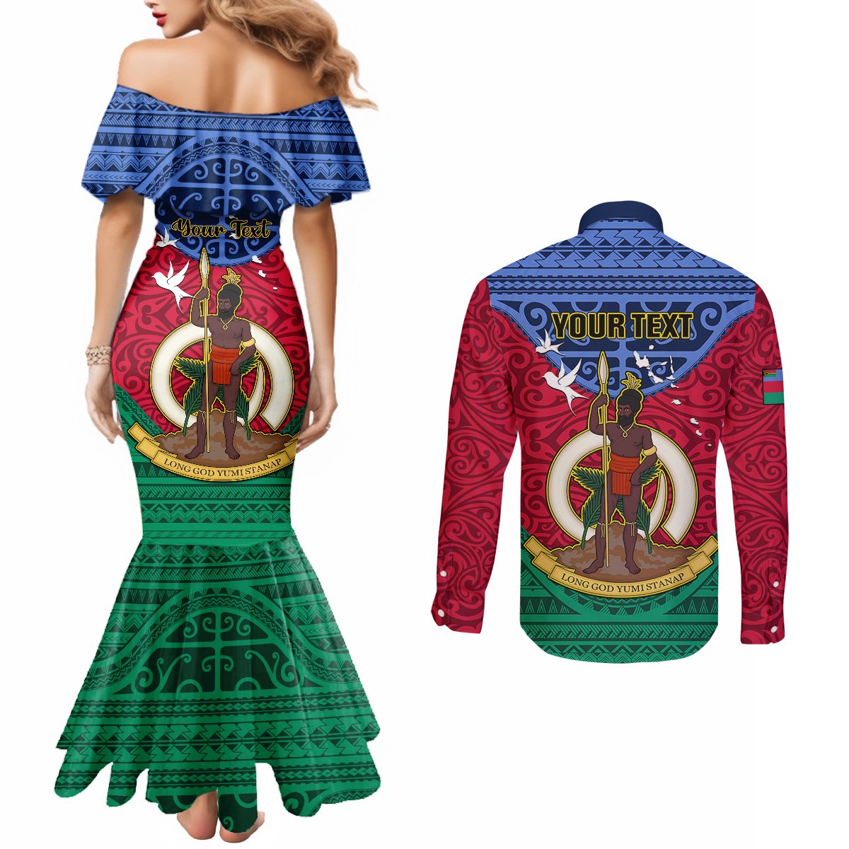 Personalized Vanuatu Shefa Province Couples Matching Mermaid Dress and Long Sleeve Button Shirts Coat Of Arms And Namele Fern Polynesian Pattern LT05 - Polynesian Pride