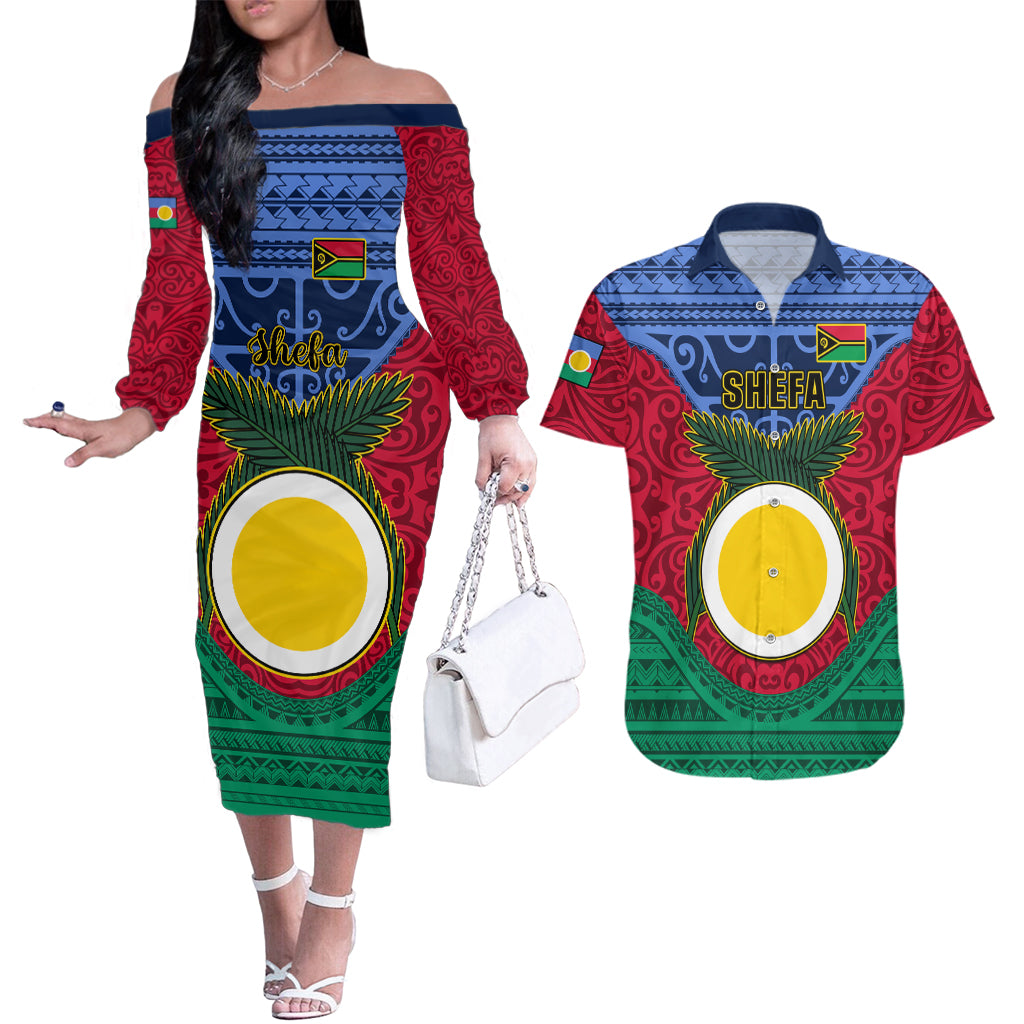 Personalized Vanuatu Shefa Province Couples Matching Off The Shoulder Long Sleeve Dress and Hawaiian Shirt Coat Of Arms And Namele Fern Polynesian Pattern LT05 Red - Polynesian Pride