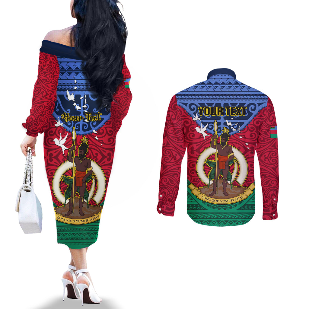 Personalized Vanuatu Shefa Province Couples Matching Off The Shoulder Long Sleeve Dress and Long Sleeve Button Shirts Coat Of Arms And Namele Fern Polynesian Pattern LT05 - Polynesian Pride