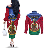 Personalized Vanuatu Shefa Province Couples Matching Off The Shoulder Long Sleeve Dress and Long Sleeve Button Shirts Coat Of Arms And Namele Fern Polynesian Pattern LT05 - Polynesian Pride