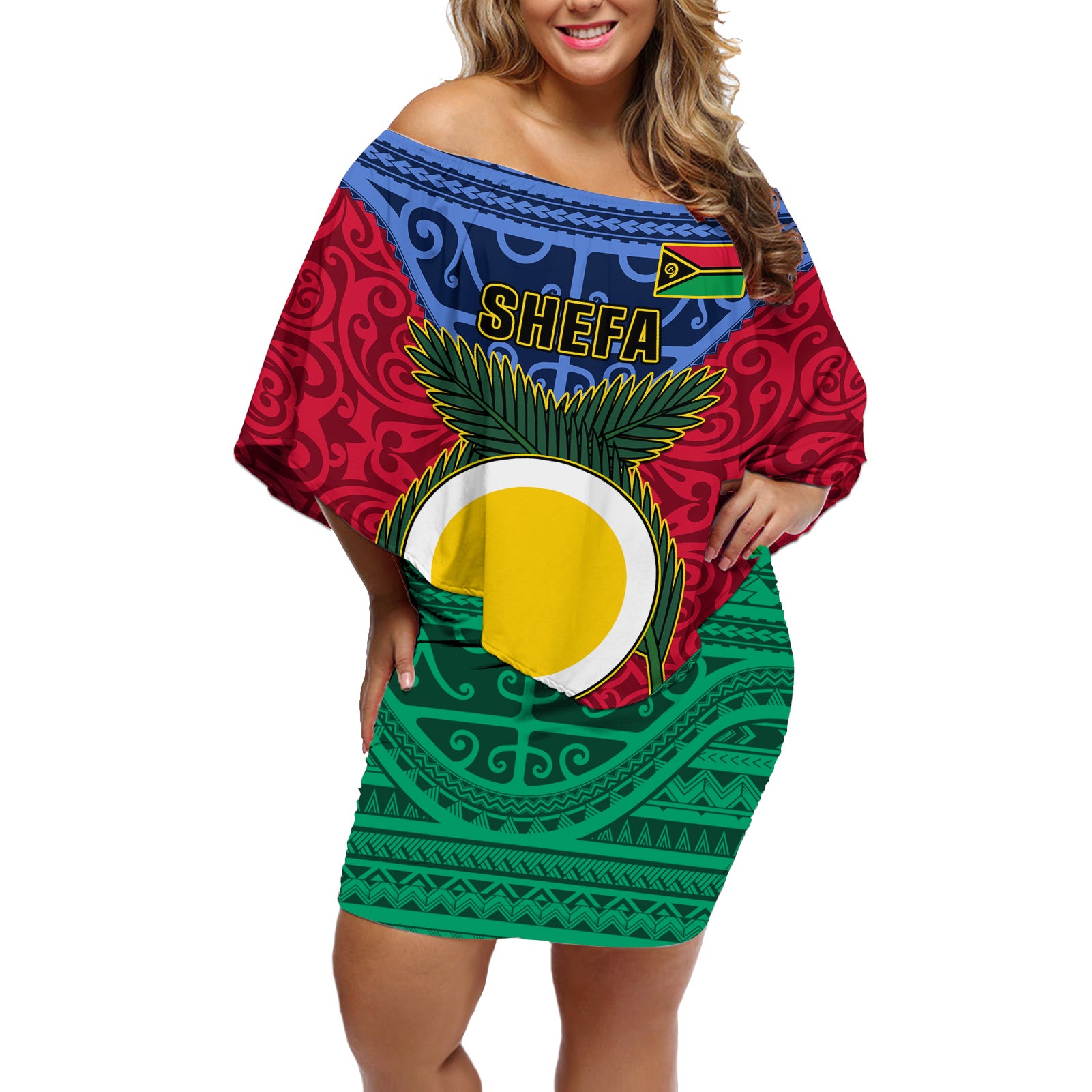 Personalized Vanuatu Shefa Province Off Shoulder Short Dress Coat Of Arms And Namele Fern Polynesian Pattern LT05 Women Red - Polynesian Pride