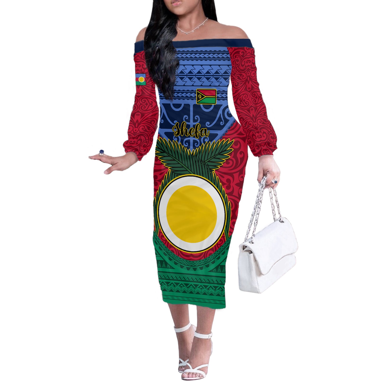 Personalized Vanuatu Shefa Province Off The Shoulder Long Sleeve Dress Coat Of Arms And Namele Fern Polynesian Pattern LT05 Women Red - Polynesian Pride