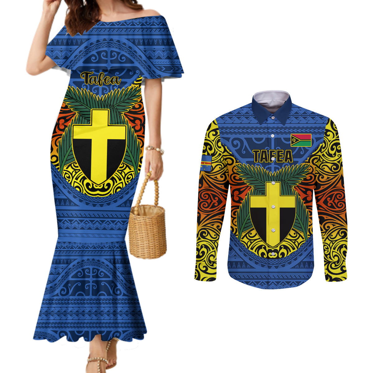 Vanuatu Tafea Province Couples Matching Mermaid Dress and Long Sleeve Button Shirts Coat Of Arms And Namele Fern Polynesian Pattern LT05 Blue - Polynesian Pride