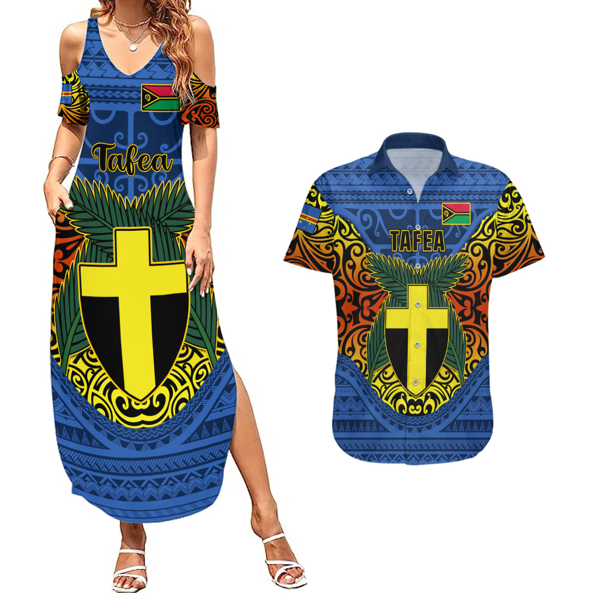 Vanuatu Tafea Province Couples Matching Summer Maxi Dress and Hawaiian Shirt Coat Of Arms And Namele Fern Polynesian Pattern LT05 Blue - Polynesian Pride