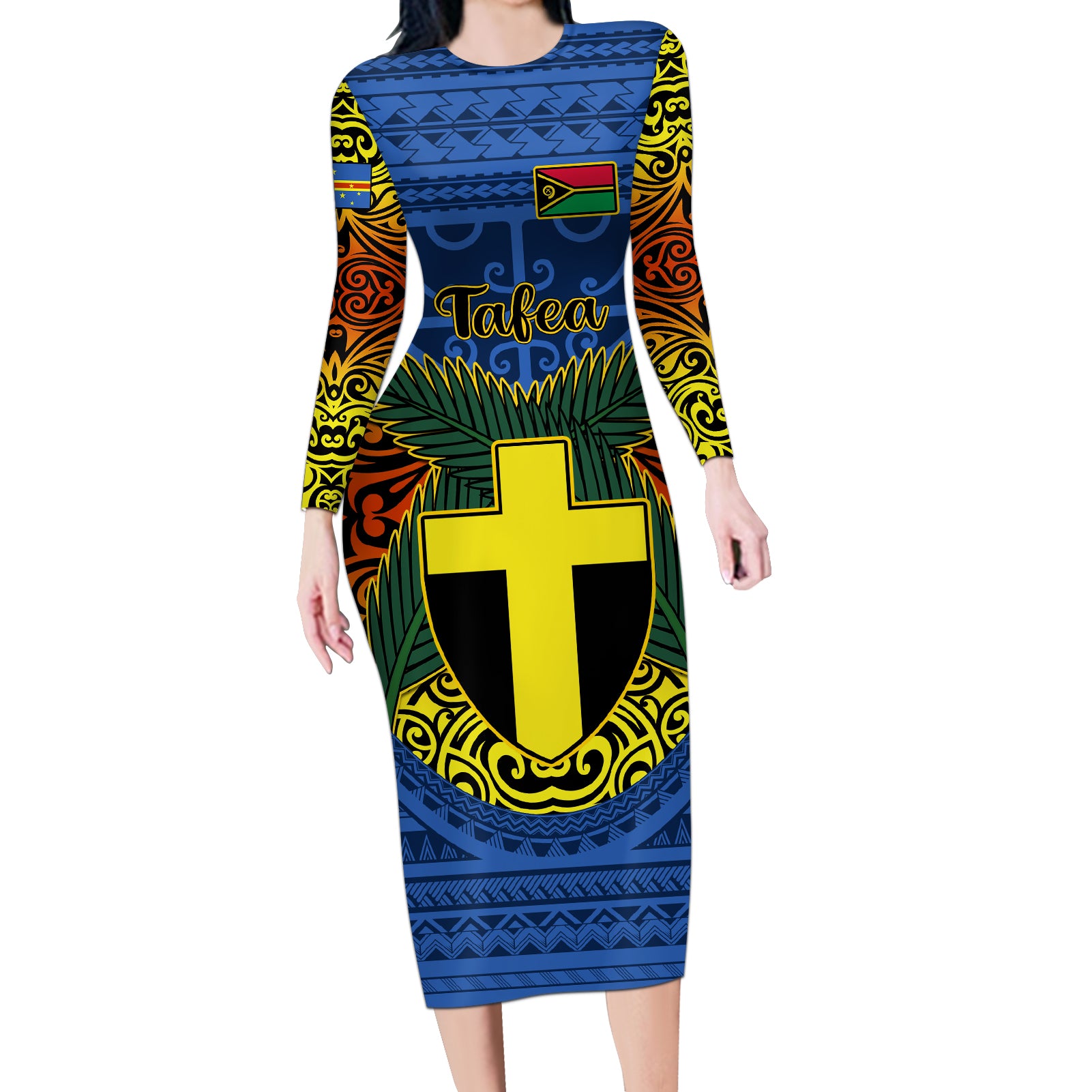 Vanuatu Tafea Province Long Sleeve Bodycon Dress Coat Of Arms And Namele Fern Polynesian Pattern LT05 Long Dress Blue - Polynesian Pride