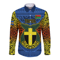Vanuatu Tafea Province Long Sleeve Button Shirt Coat Of Arms And Namele Fern Polynesian Pattern LT05 Unisex Blue - Polynesian Pride
