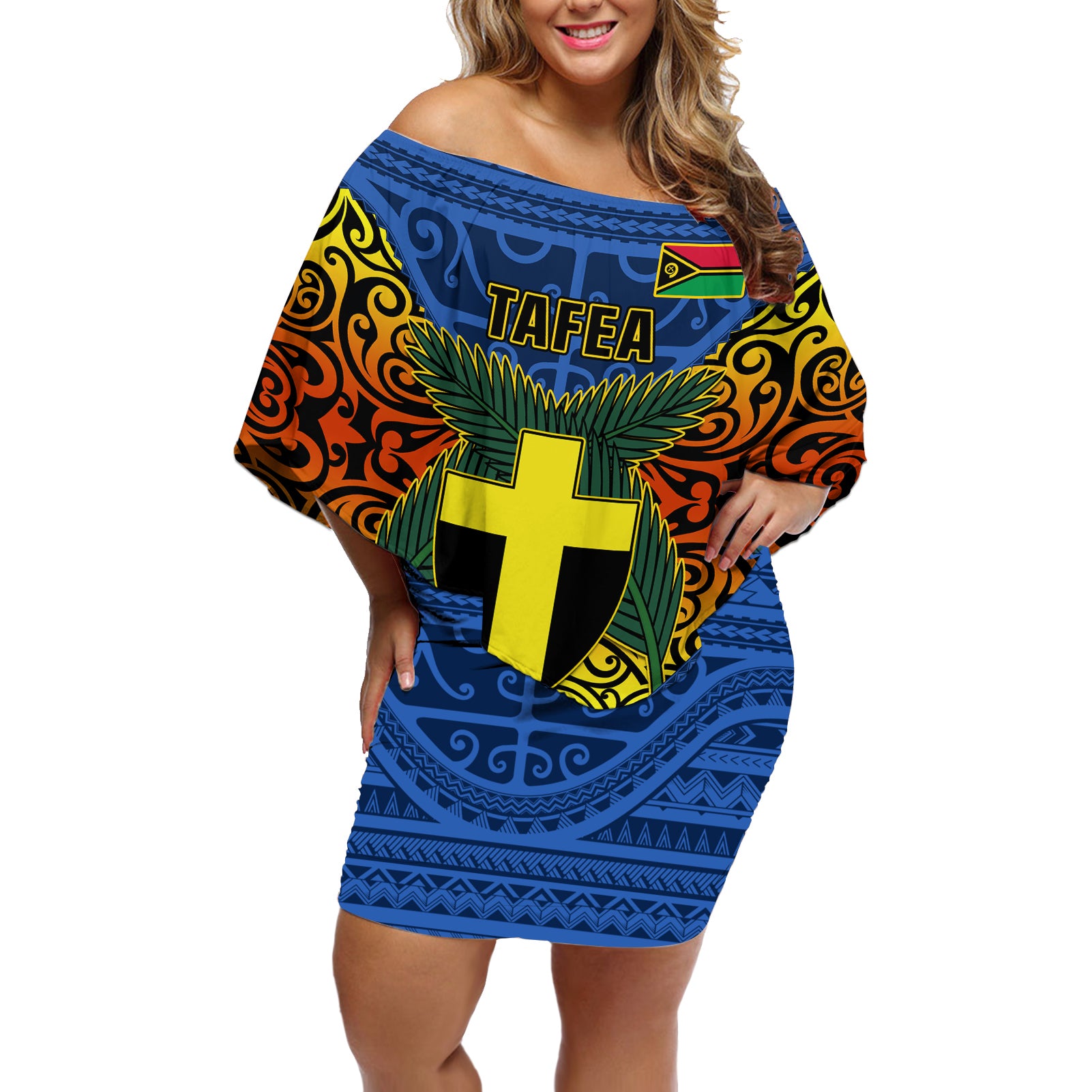 Vanuatu Tafea Province Off Shoulder Short Dress Coat Of Arms And Namele Fern Polynesian Pattern LT05 Women Blue - Polynesian Pride