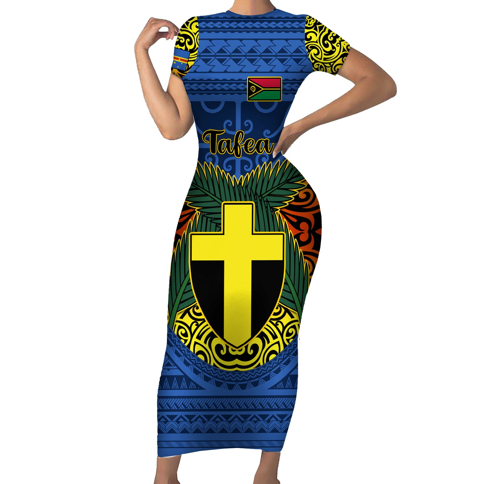 Vanuatu Tafea Province Short Sleeve Bodycon Dress Coat Of Arms And Namele Fern Polynesian Pattern LT05 Long Dress Blue - Polynesian Pride