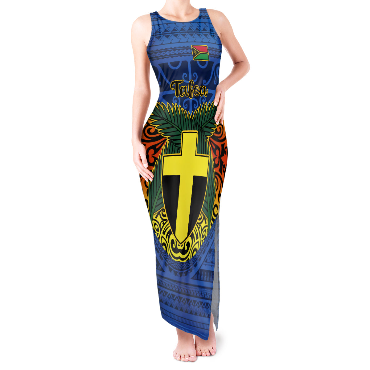 Vanuatu Tafea Province Tank Maxi Dress Coat Of Arms And Namele Fern Polynesian Pattern LT05 Women Blue - Polynesian Pride