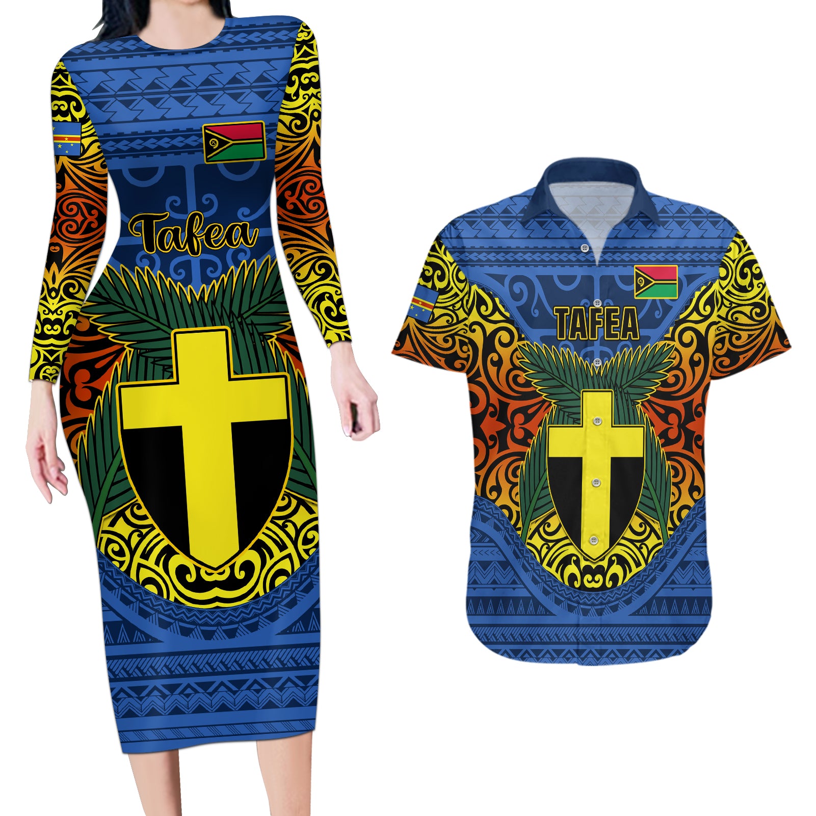 Personalized Vanuatu Tafea Province Couples Matching Long Sleeve Bodycon Dress and Hawaiian Shirt Coat Of Arms And Namele Fern Polynesian Pattern LT05 Blue - Polynesian Pride