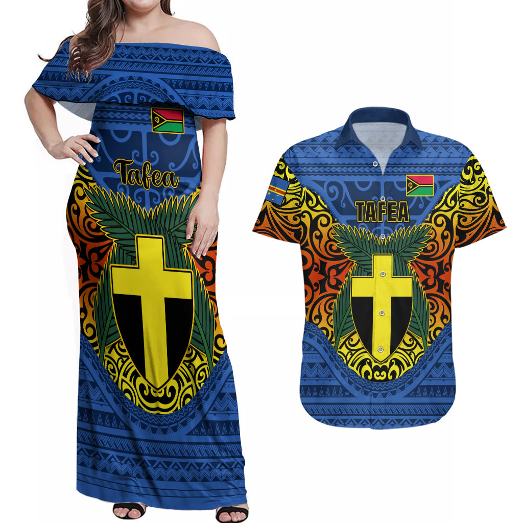 Personalized Vanuatu Tafea Province Couples Matching Off Shoulder Maxi Dress and Hawaiian Shirt Coat Of Arms And Namele Fern Polynesian Pattern LT05 Blue - Polynesian Pride