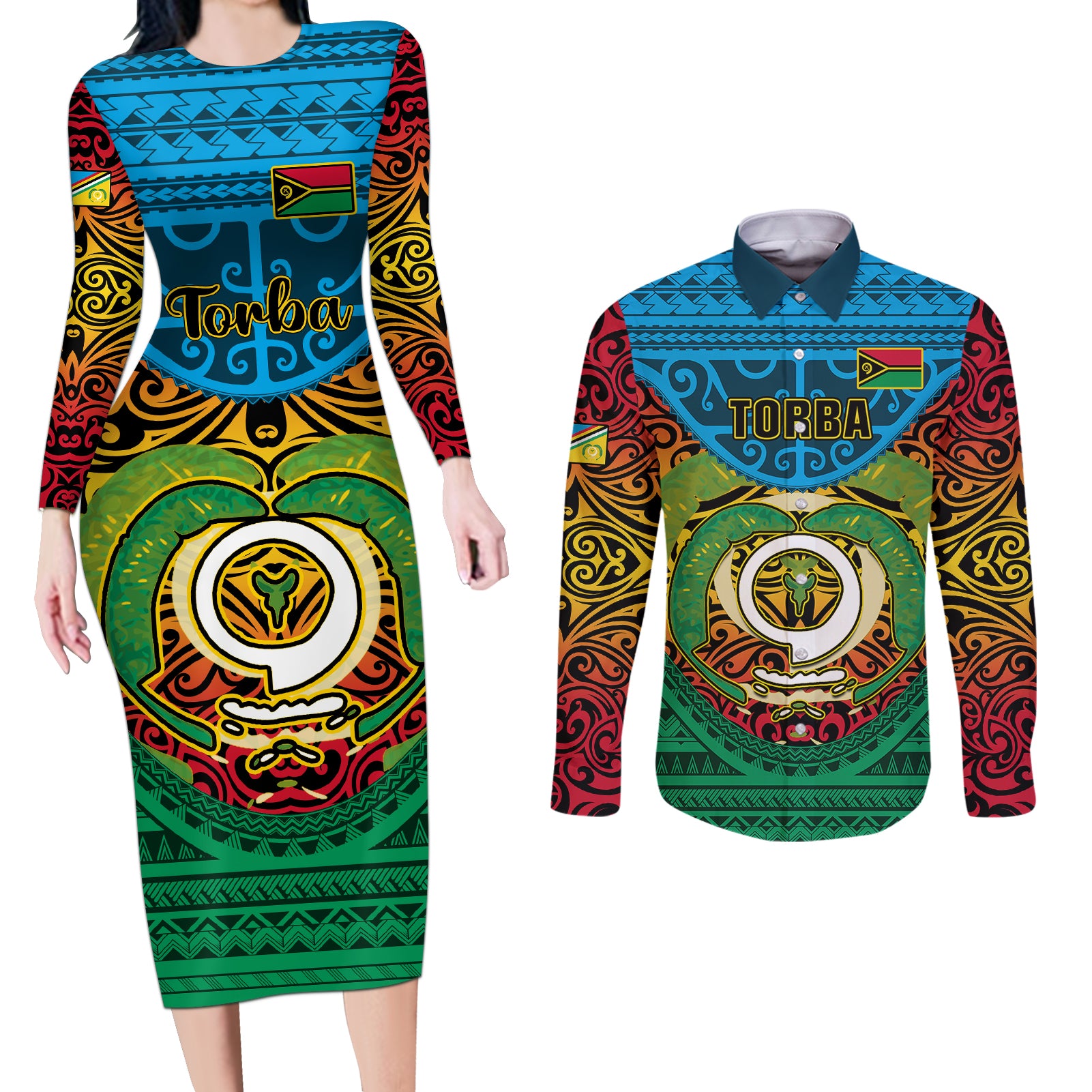 Vanuatu Torba Province Couples Matching Long Sleeve Bodycon Dress and Long Sleeve Button Shirts Vanuatuan Coat Of Arms Polynesian Pattern LT05 Green - Polynesian Pride