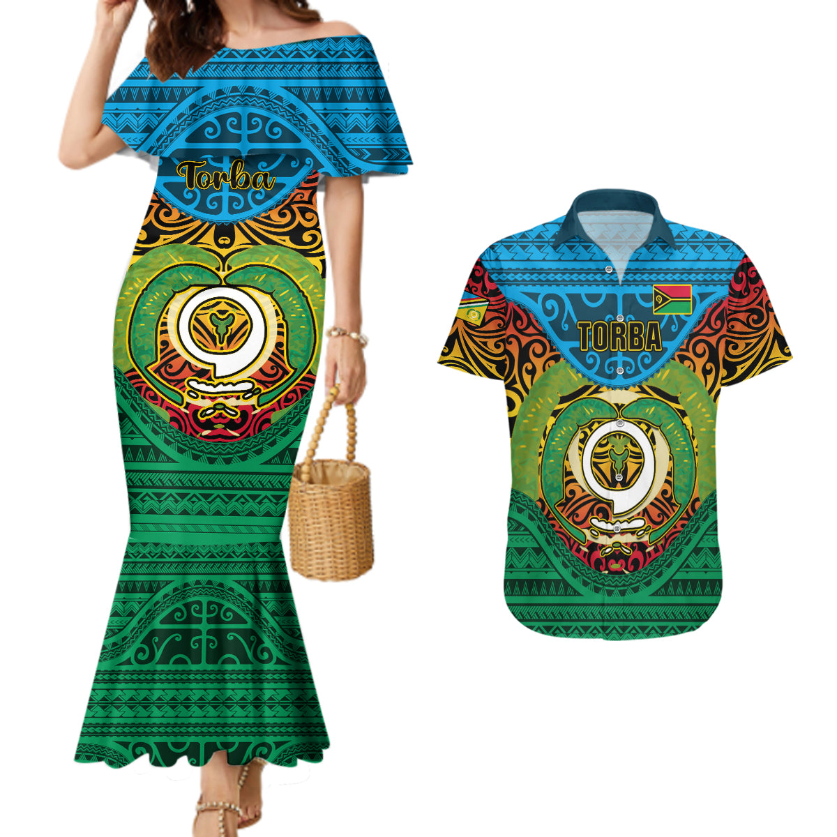 Vanuatu Torba Province Couples Matching Mermaid Dress and Hawaiian Shirt Vanuatuan Coat Of Arms Polynesian Pattern LT05 Green - Polynesian Pride