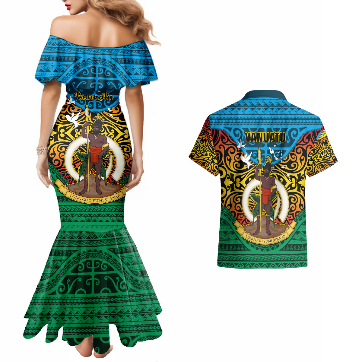 Vanuatu Torba Province Couples Matching Mermaid Dress and Hawaiian Shirt Vanuatuan Coat Of Arms Polynesian Pattern LT05 - Polynesian Pride