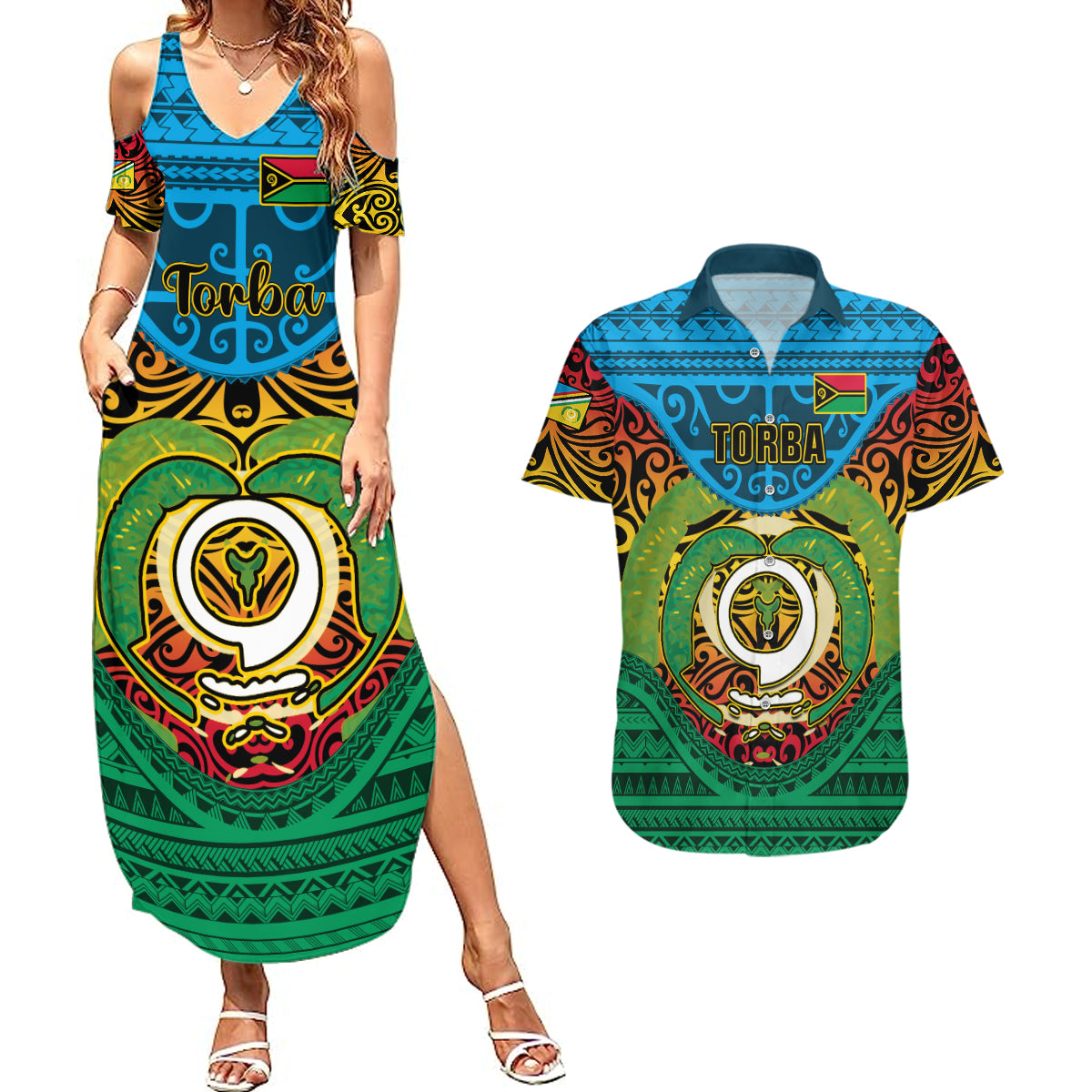 Vanuatu Torba Province Couples Matching Summer Maxi Dress and Hawaiian Shirt Vanuatuan Coat Of Arms Polynesian Pattern LT05 Green - Polynesian Pride