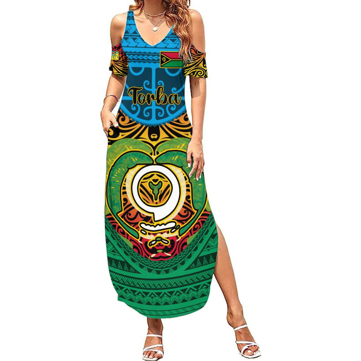 Vanuatu Torba Province Summer Maxi Dress Vanuatuan Coat Of Arms Polynesian Pattern LT05 Women Green - Polynesian Pride