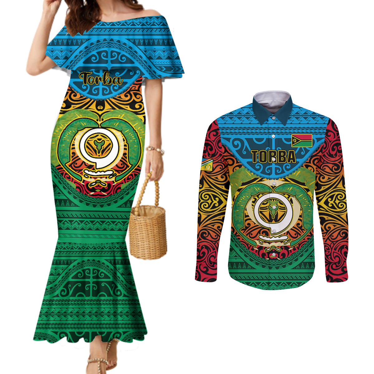 Personalized Vanuatu Torba Province Couples Matching Mermaid Dress and Long Sleeve Button Shirts Vanuatuan Coat Of Arms Polynesian Pattern LT05 Green - Polynesian Pride