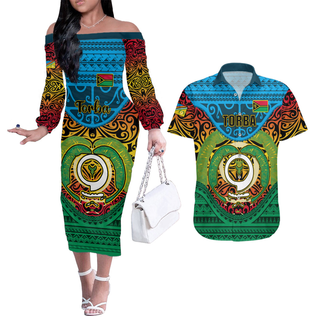 Personalized Vanuatu Torba Province Couples Matching Off The Shoulder Long Sleeve Dress and Hawaiian Shirt Vanuatuan Coat Of Arms Polynesian Pattern LT05 Green - Polynesian Pride