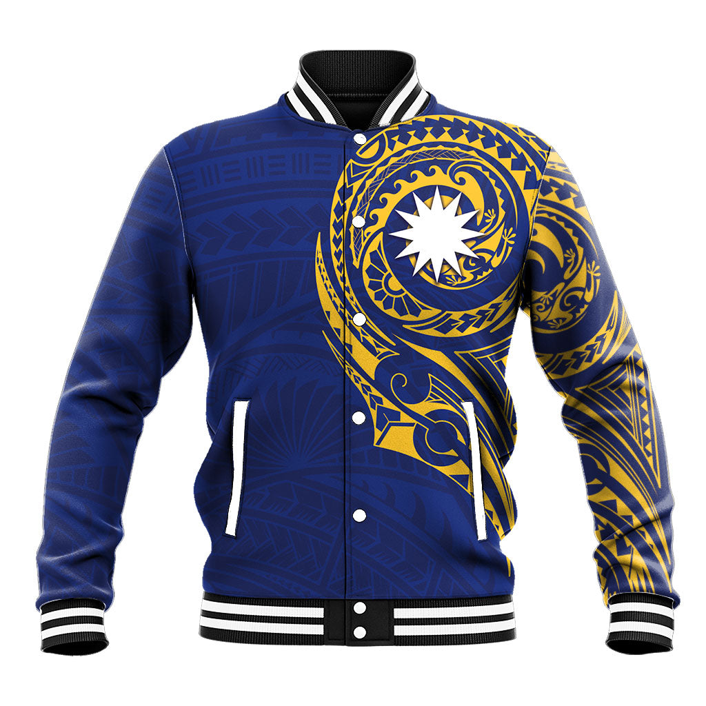 Personalised Nauru Angam Day Baseball Jacket Gold Navy Tribal Pattern