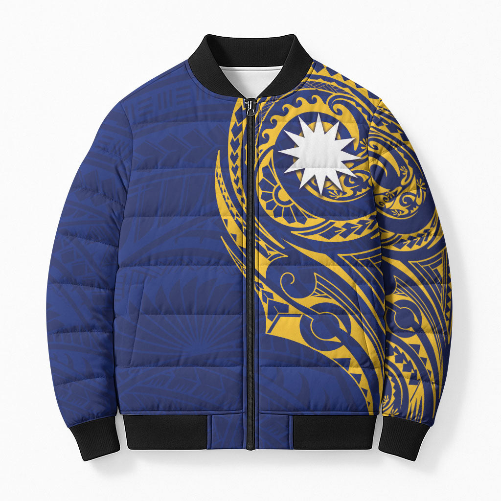 Personalised Nauru Angam Day Bomber Puffer Jacket Gold Navy Tribal Pattern