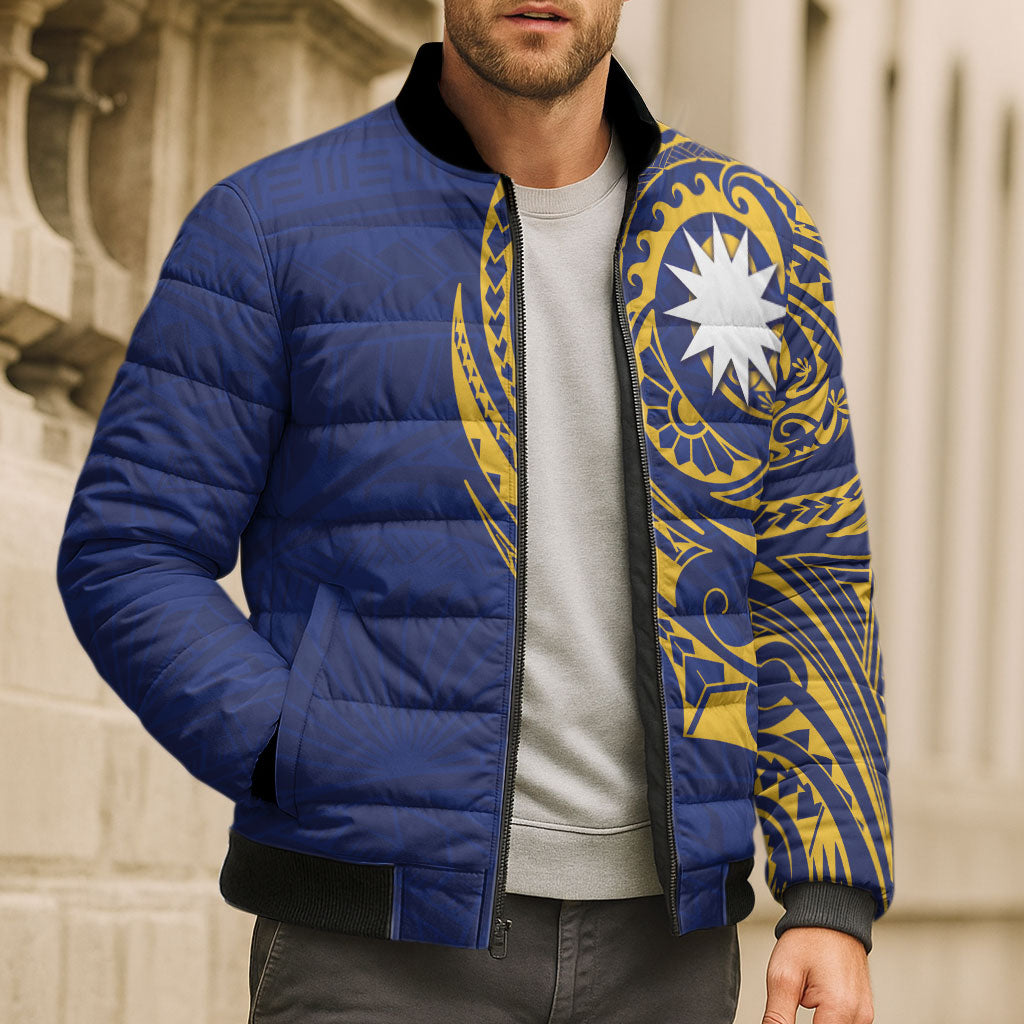 Personalised Nauru Angam Day Bomber Puffer Jacket Gold Navy Tribal Pattern