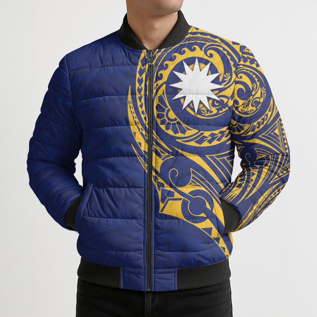 Personalised Nauru Angam Day Bomber Puffer Jacket Gold Navy Tribal Pattern