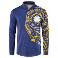 Personalised Nauru Angam Day Button Sweatshirt Gold Navy Tribal Pattern
